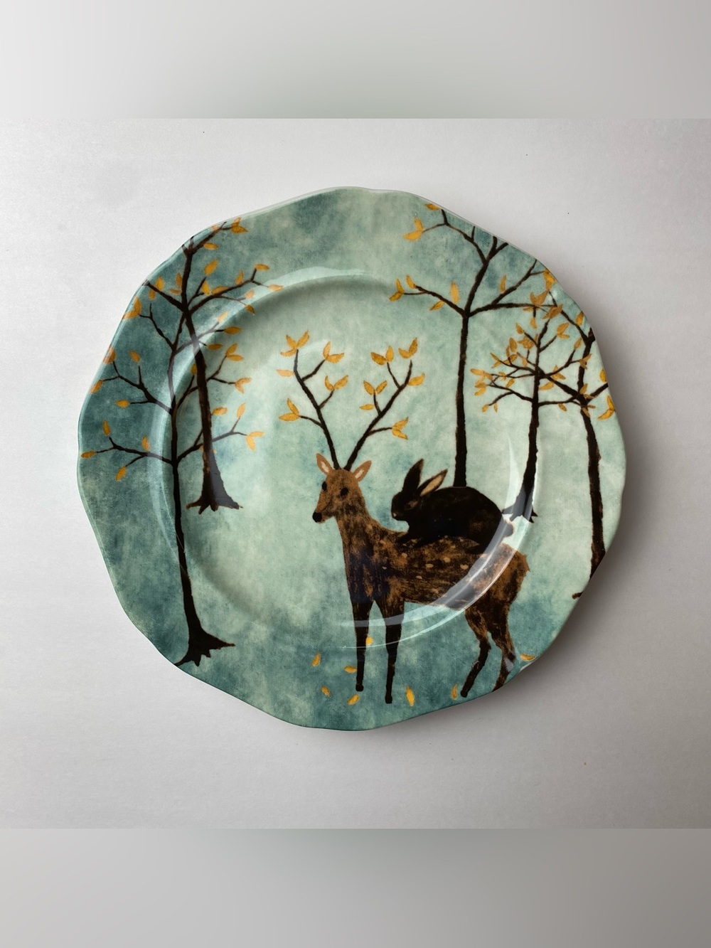 Anthropologie Escape Artists Rebecca Rebouche 8” Salad Plate Rabbit On Deer